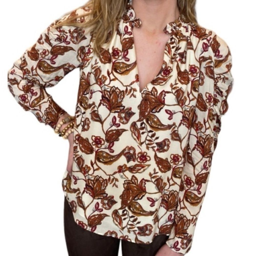 Anna Cate Popover Blouse Top Women's Floral Puff Sleeve Ruffle Neck